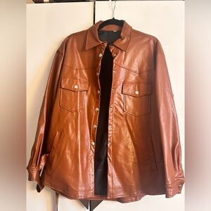 Brown longline PU leather shirt jacket